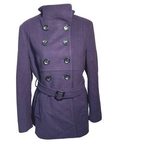 ANNE KLEIN Women's Large Purple Wool Double Breasted‎ Pea Coat Belted Pockets
